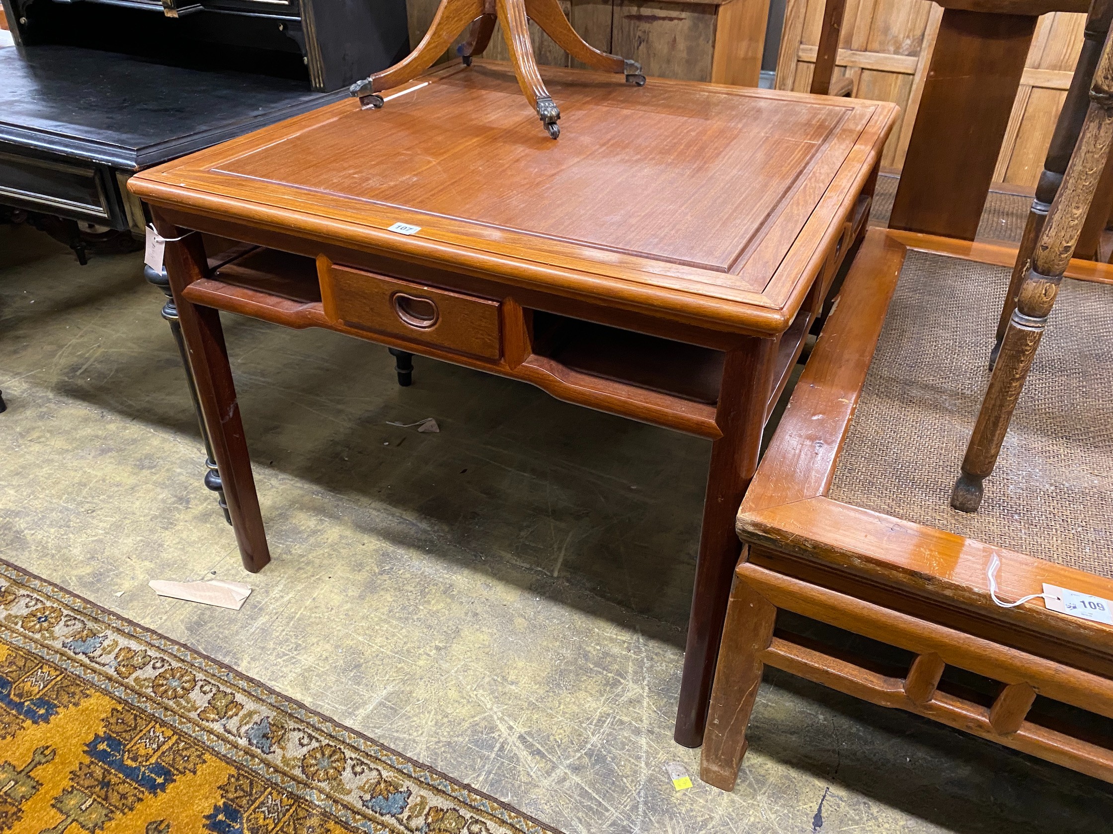 A Chinese square padouk wood four drawer games table, width 90cm, depth 90cm, height 74cm